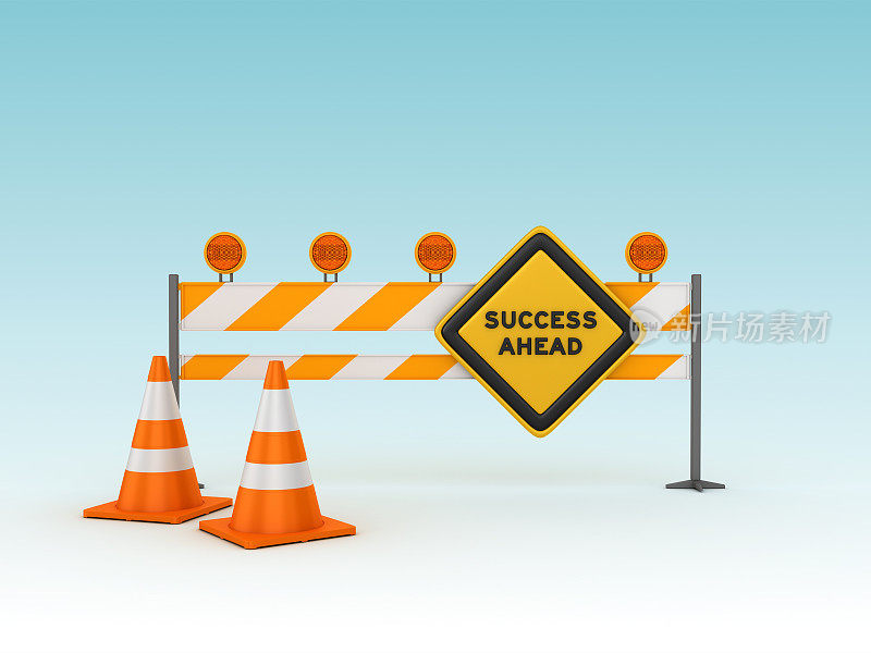 SUCCESS AHEAD Road Sign with Barrier and Cones - 3D渲染